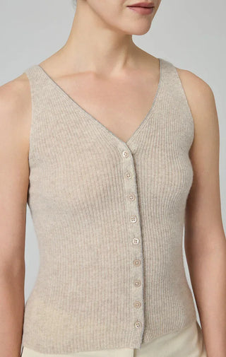 Close-up of camel cashmere-blend knit tank: V-neck with button placket and ribbing