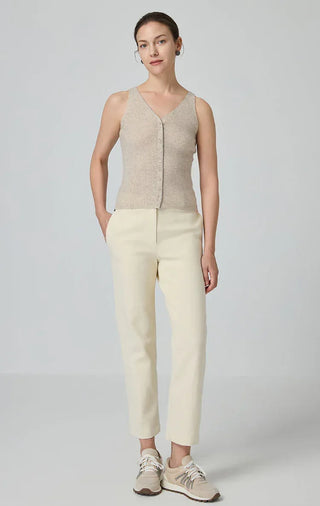 Full view of camel button-front knit tank with V-neck and ribbed texture, sleeveless