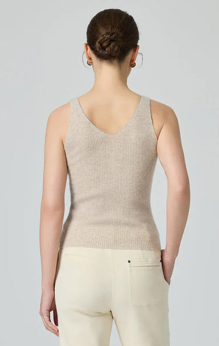 Back view of camel knit tank with V-neck, sleeveless cut and ribbed fabric