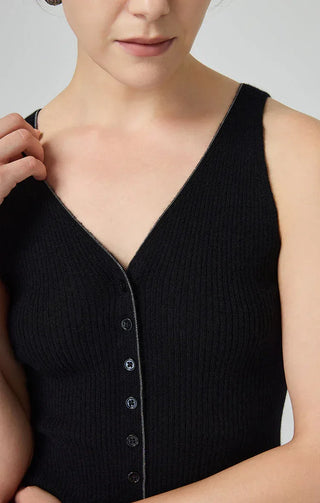 Close-up of black knit tank with V-neck and button-front row; ribbed texture detail