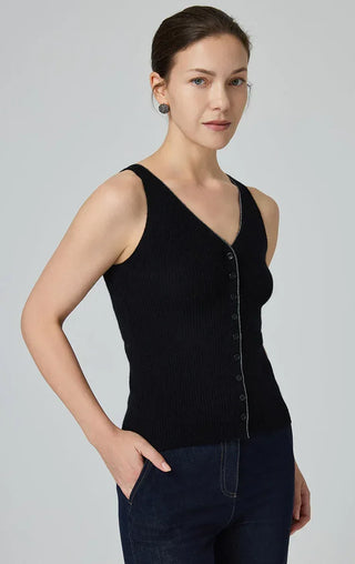 Black button-front knit tank with V-neckline and ribbed knit, sleeveless; model standing