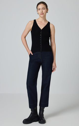 Full view of black cashmere-blend button-front knit tank with V-neck, sleeveless ribbed fit