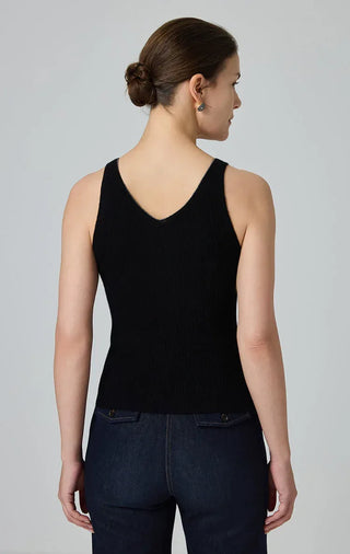 Back view of black sleeveless knit tank with V-neck and smooth ribbed fabric