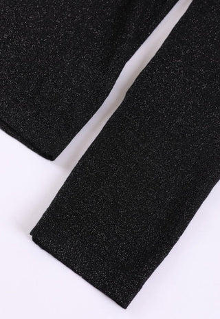 Black long-sleeve top hem and sleeve detail, speckled shimmer knit texture