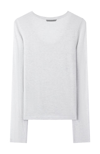 Light heather sheer scoop-neck top, long sleeves, flat lay front view.