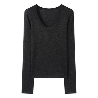 Black sheer scoop neck top with long sleeves, laid flat front view