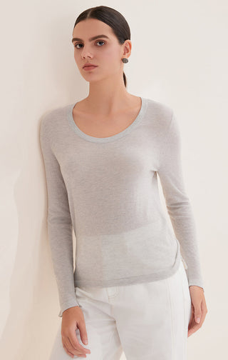 Sheer scoop-neck long-sleeve top in light heather, crew-smooth neckline detail.