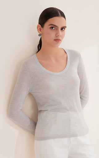 Light heather wool-blend sheer scoop-neck top, long sleeves, relaxed fit.