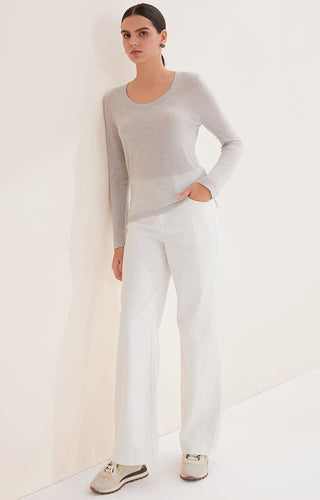 Light heather wool-blend sheer scoop-neck top with long sleeves and hip-length hem.