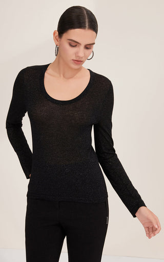 Black wool-blend sheer scoop neck top with long sleeves, fitted silhouette