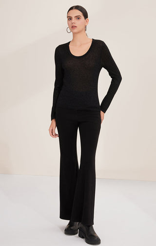 Black fitted scoop neck top with long sleeves and subtle speckled shimmer