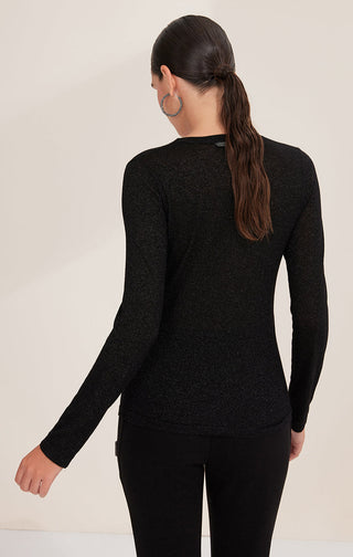 Black sheer scoop neck top long sleeves, back view with narrow neckline cut