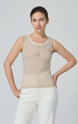 Camel cashmere knit tank with layered neck, front buttons, and sleeveless fit