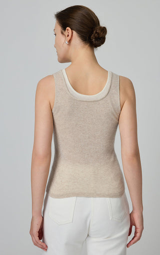 Camel cashmere knit tank back view with contrast crew neckline trim