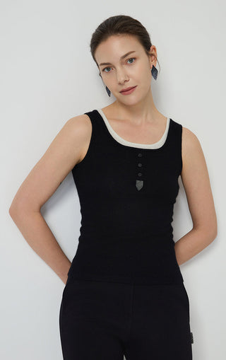 Black cashmere knit tank with layered crew neckline and front button placket