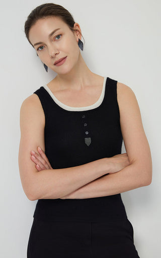 Black cashmere knit tank front view with layered crew neck trim and button placket