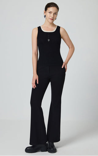 Black cashmere knit tank with layered crew neckline, button placket, and wide-leg pants