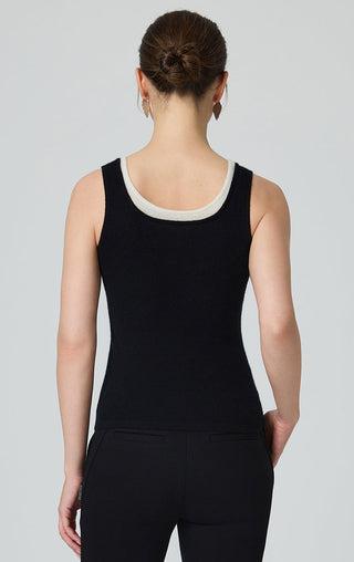 Black cashmere knit tank back view with contrast crew neckline trim