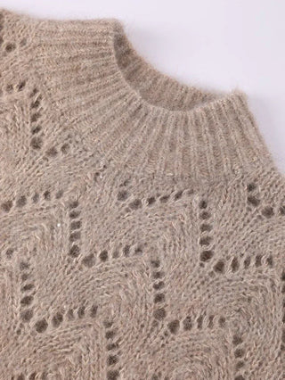 Camel crew neckline with openwork knit and sequin dots