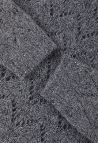 Gray-blue openwork knit fabric detail with sequins in diamond rows