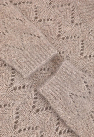 Camel open knit cable-like pattern with tiny sequins and fuzzy mohair texture