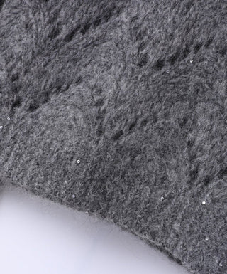 Gray-blue fuzzy knit texture with scattered sequins and openwork stitching