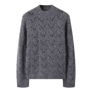 Gray-blue openwork knit sweater, sequined diamond pattern, high crew neck