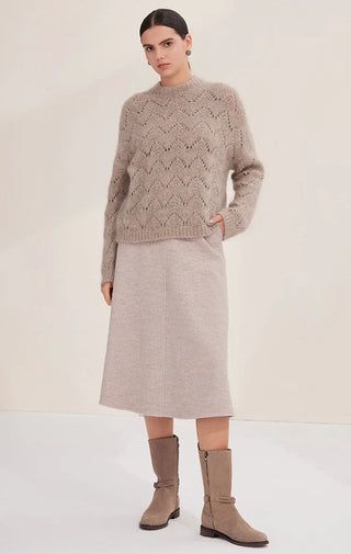 Camel sequin openwork knit sweater with crew neck and dropped sleeves, full view