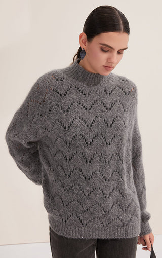 Gray-blue openwork knit sweater with diamond motif, tiny sequins, dropped shoulders