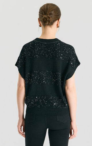 Back view of black sequin short-sleeve knit sweater with ribbed cuffs and hem