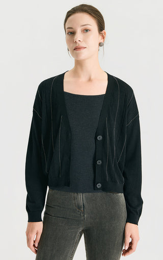 Black v-neck button cardigan sweater with cable-knit texture and long sleeves