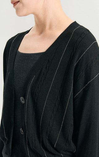Black v-neck cardigan detail: cable-knit front, button placket, and stitched trim lines