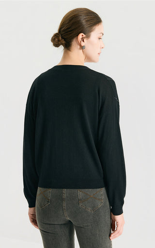 Black knit cardigan back view with full-length sleeves and smooth solid knit