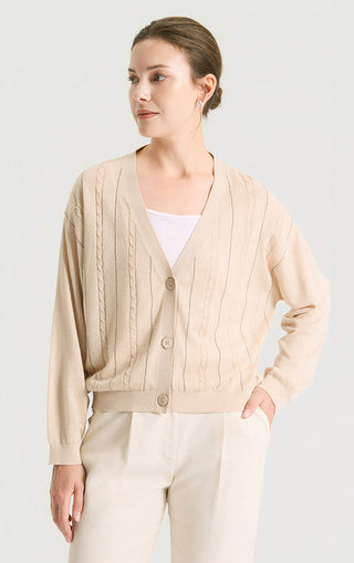 Camel v-neck button cardigan with cable-knit panels and contrast stitched lines