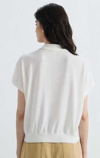 White polo knit top back view with short sleeves and knit hem