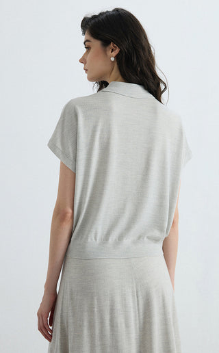 Gray polo knit top back view with short sleeves and knit hem