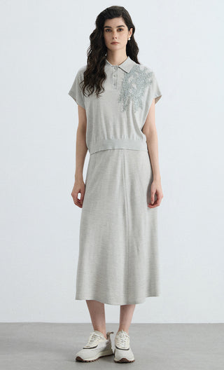 Gray wool-silk blend polo knit top with sequin embellishment, short sleeves