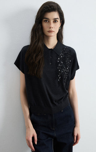 Black wool-silk polo knit top, button placket, right-chest sequin embellishment