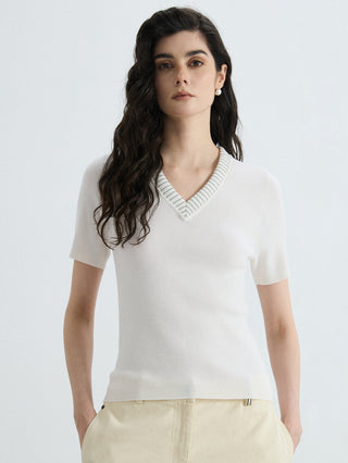 Ivory white wool-silk blend slim-fit V-neck ribbed knit top with short sleeves