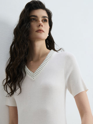 Ivory white knit top with V-neck ribbed collar and short sleeves