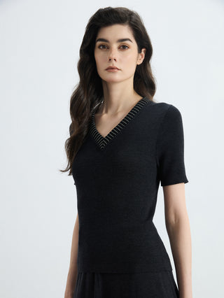 Black wool-silk blend slim-fit V-neck ribbed knit top with short sleeves