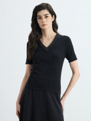Black wool-silk blend knit top with V-neck ribbing and short sleeves