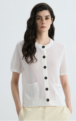 Ivory white linen-silk sheer knit cardigan, front button placket with dark round buttons