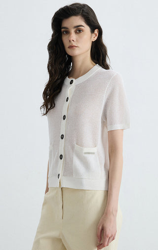 Ivory white sheer knit cardigan with short sleeves, button-front and chest patch pockets