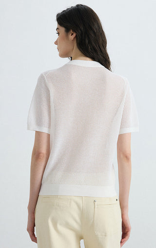 Back view of ivory white sheer knit cardigan with short sleeves and relaxed straight hem