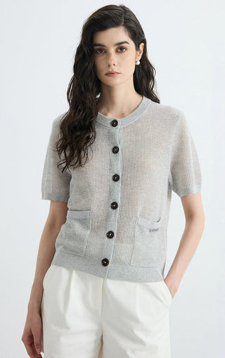 Gray linen-silk sheer knit cardigan with short sleeves, button-front and patch pockets