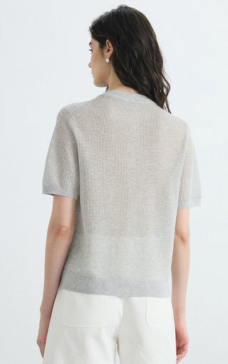 Back view of gray sheer knit cardigan with short sleeves and straight hem