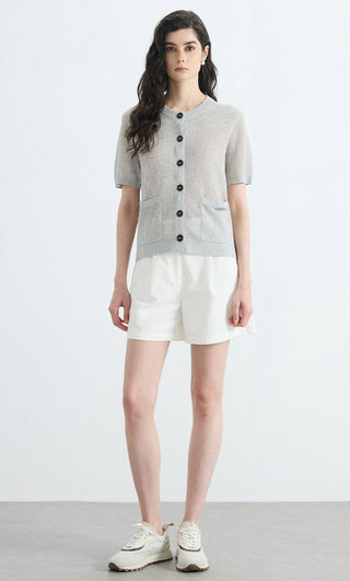 Gray button-front sheer knit cardigan with short sleeves and crew neckline