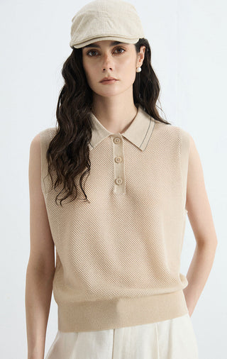Beige sleeveless polo vest in mesh knit with button placket and fold-over collar