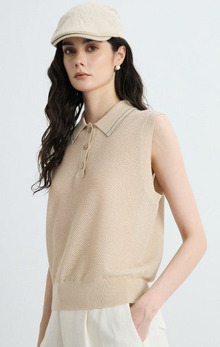Beige linen-silk mesh polo vest, sleeveless knit with collar and button front